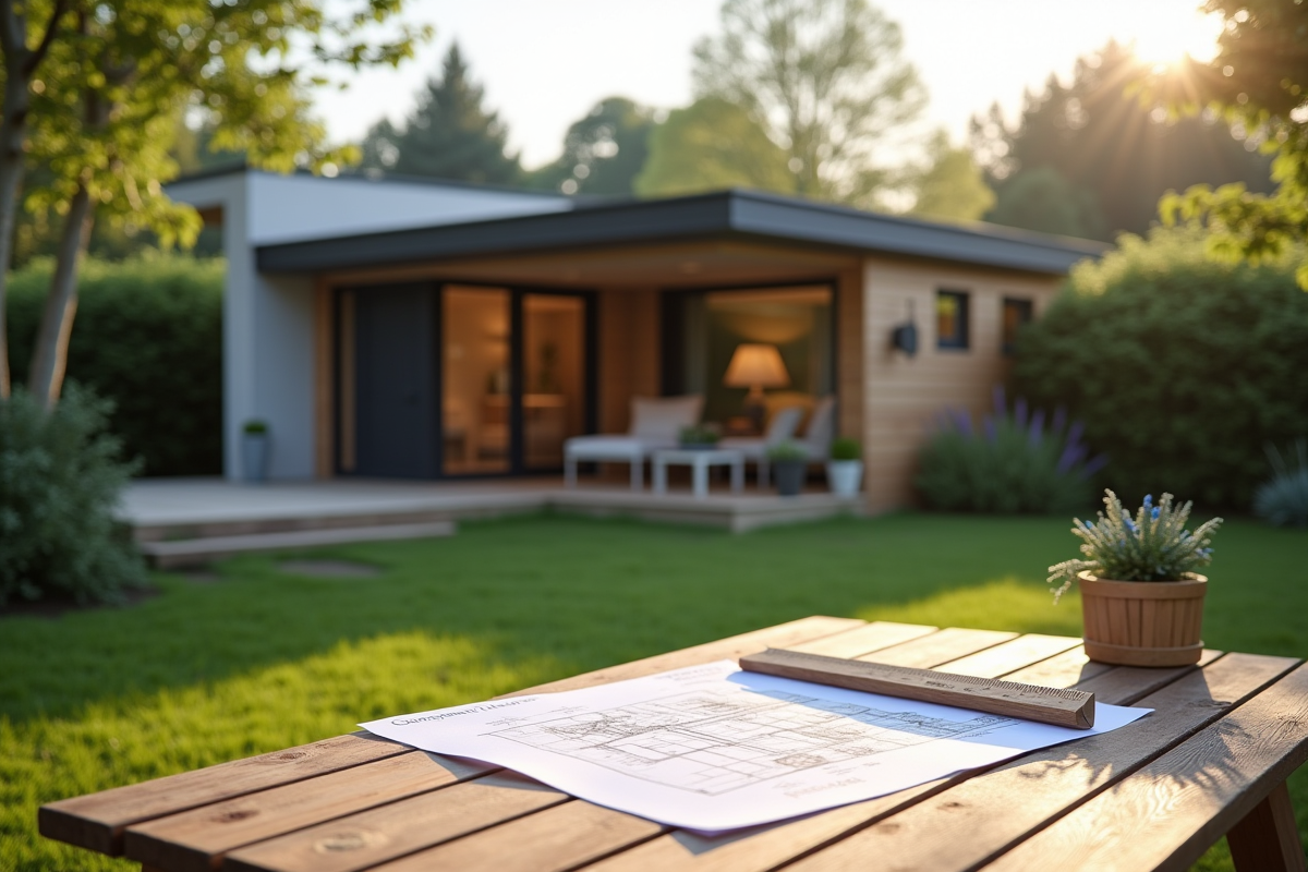 Abri de jardin moderne avec plans et règle