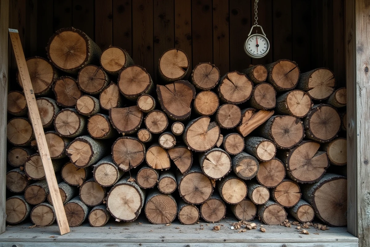 Intérieur d'un abri à bois avec des stères empilés de différentes essences et une balance ancienne pour mesurer le poids du bois de chauffage