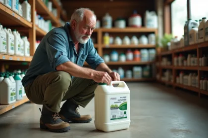 Agriculteur portugais lisant l'étiquette d'un herbicide à base de glyphosate 360 dans un magasin agricole