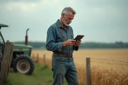 Agriculteur comparant des plateformes d'achat agricole sur une tablette dans un champ de blé