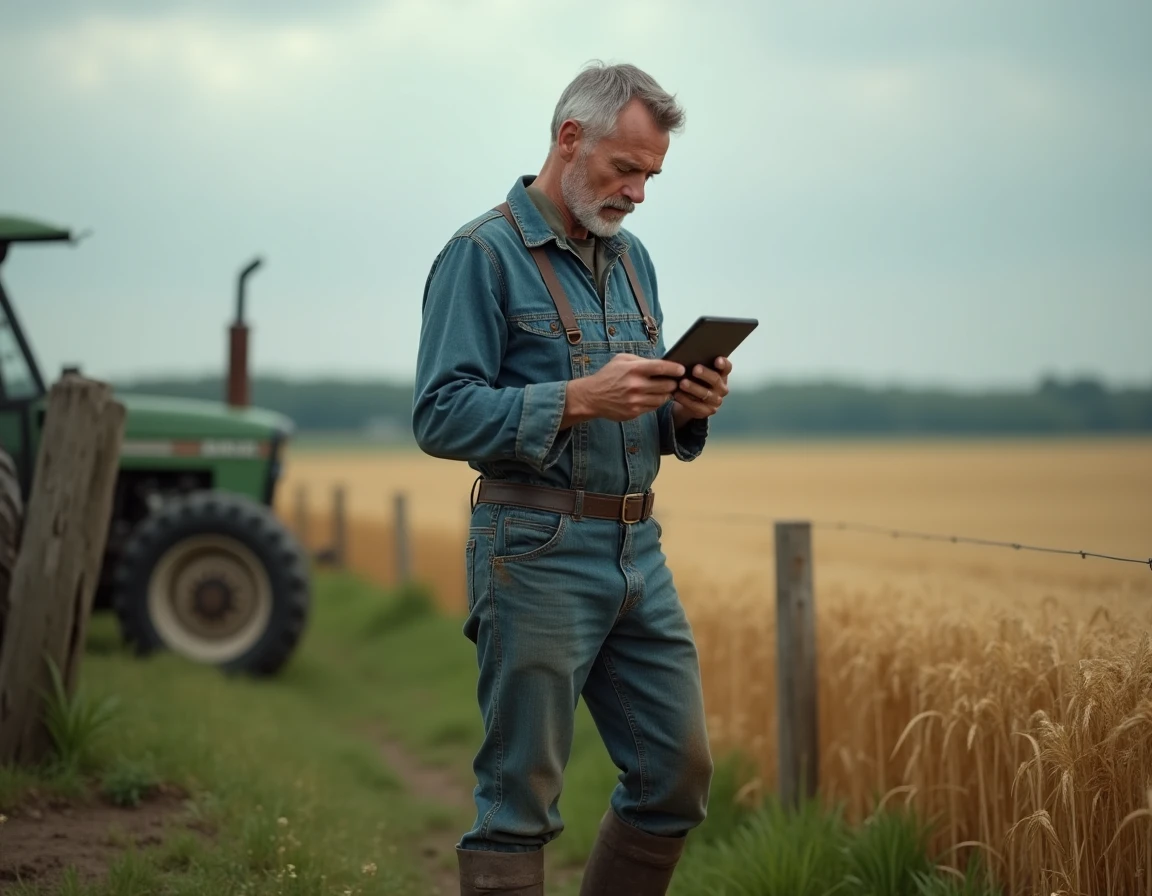 Agriculteur comparant des plateformes d'achat agricole sur une tablette dans un champ de blé