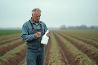 Agriculteur examinant un bidon d'herbicide glyphosate dans un champ de culture avant achat