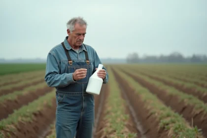 Agriculteur examinant un bidon d'herbicide glyphosate dans un champ de culture avant achat