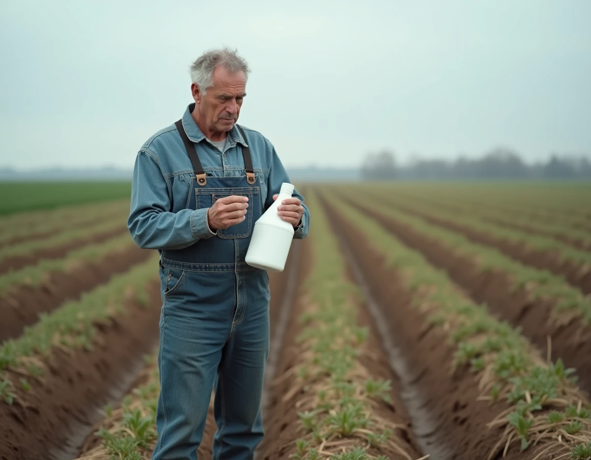 Agriculteur examinant un bidon d'herbicide glyphosate dans un champ de culture avant achat