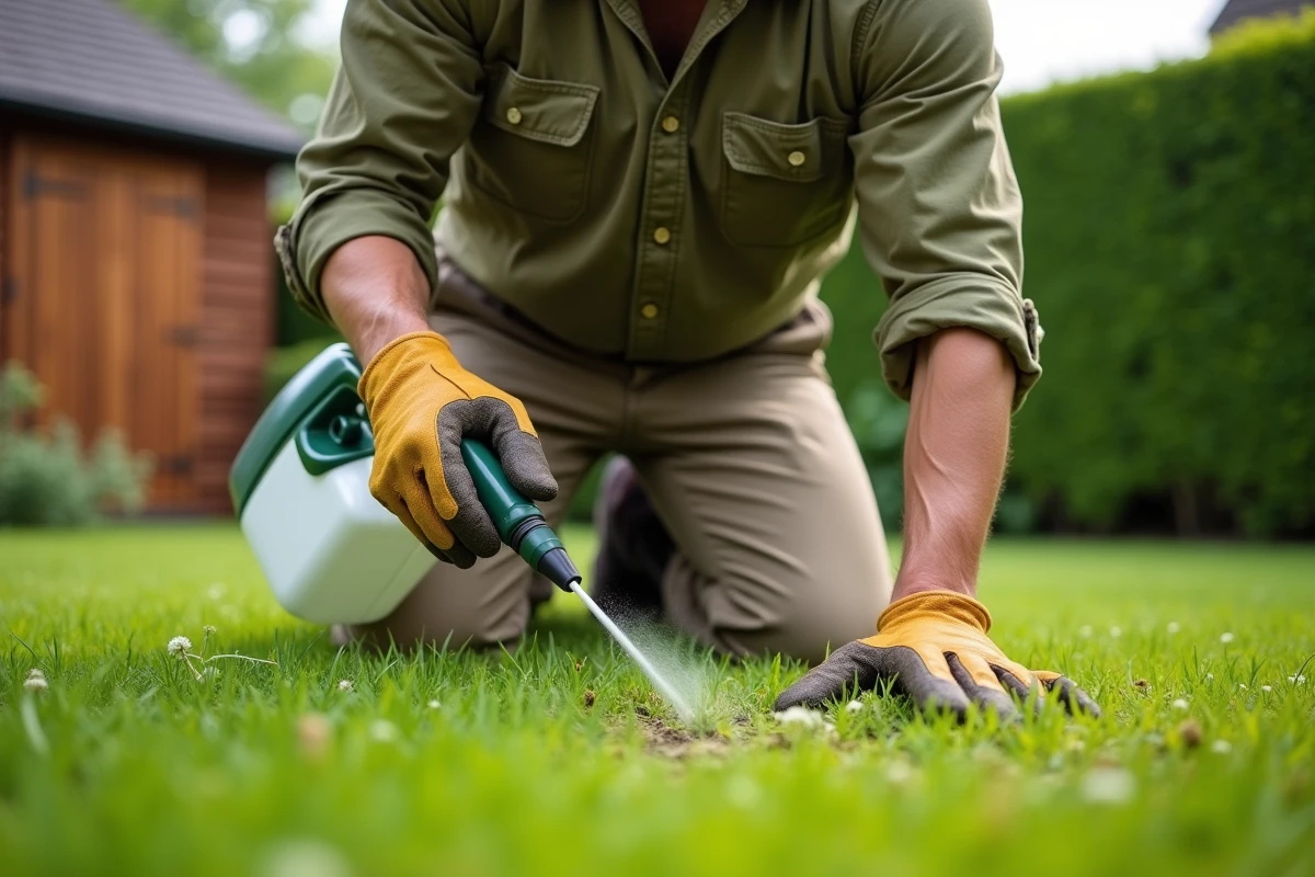 Jardinier appliquant un herbicide sélectif sur gazon envahi de trèfle et pissenlits dans un jardin