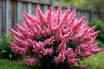 Arbuste fleuri rose en pleine floraison printanière dans un jardin avec une clôture en bois