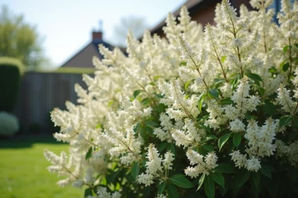 Arbuste à fleurs blanches en pleine floraison printanière dans un jardin avec clôture en bois en arrière-plan