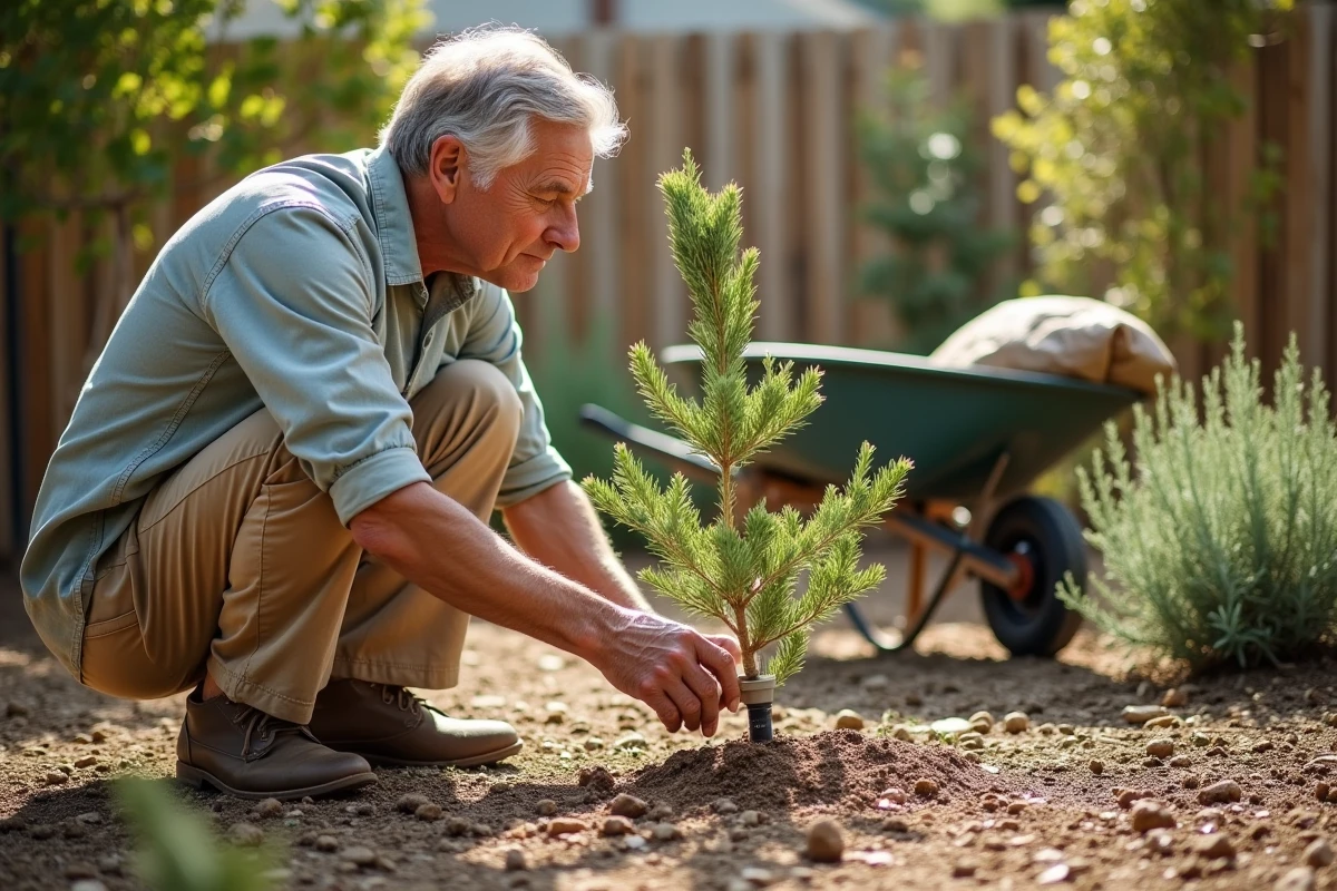 Jardinier ajustant un système d'arrosage goutte-à-goutte au pied d'un jeune eucalyptus Cider Gum en période de sécheresse