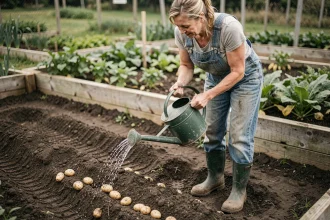 Femme arrosant des plants de pommes de terre primeurs fraîchement mis en terre dans un potager avec un arrosoir vert