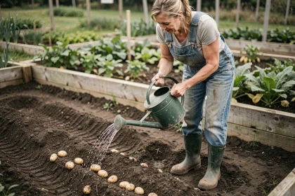 Femme arrosant des plants de pommes de terre primeurs fraîchement mis en terre dans un potager avec un arrosoir vert