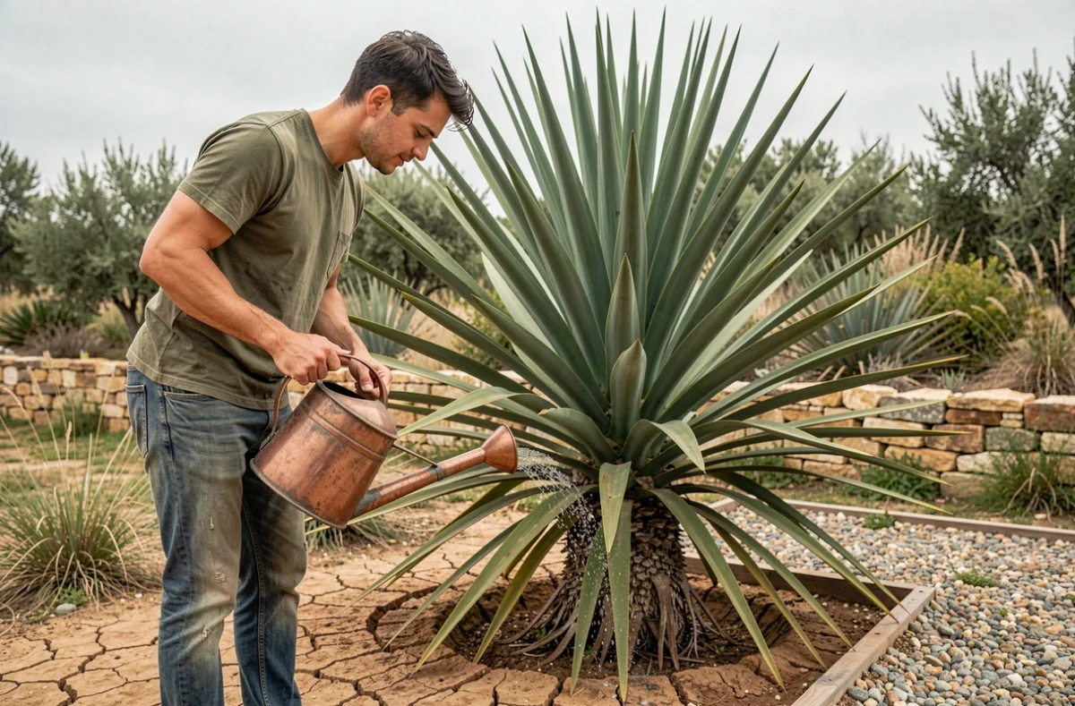 Jeune homme arrosant un yucca en pleine terre dans un jardin sec avec un arrosoir en cuivre