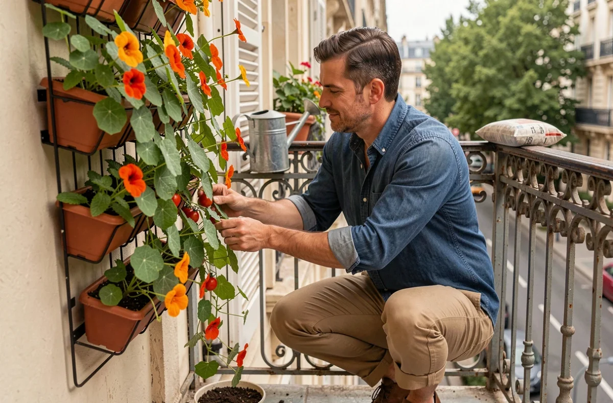 Homme entretenant un jardin vertical sur un petit balcon parisien avec des plantes aromatiques et des tomates