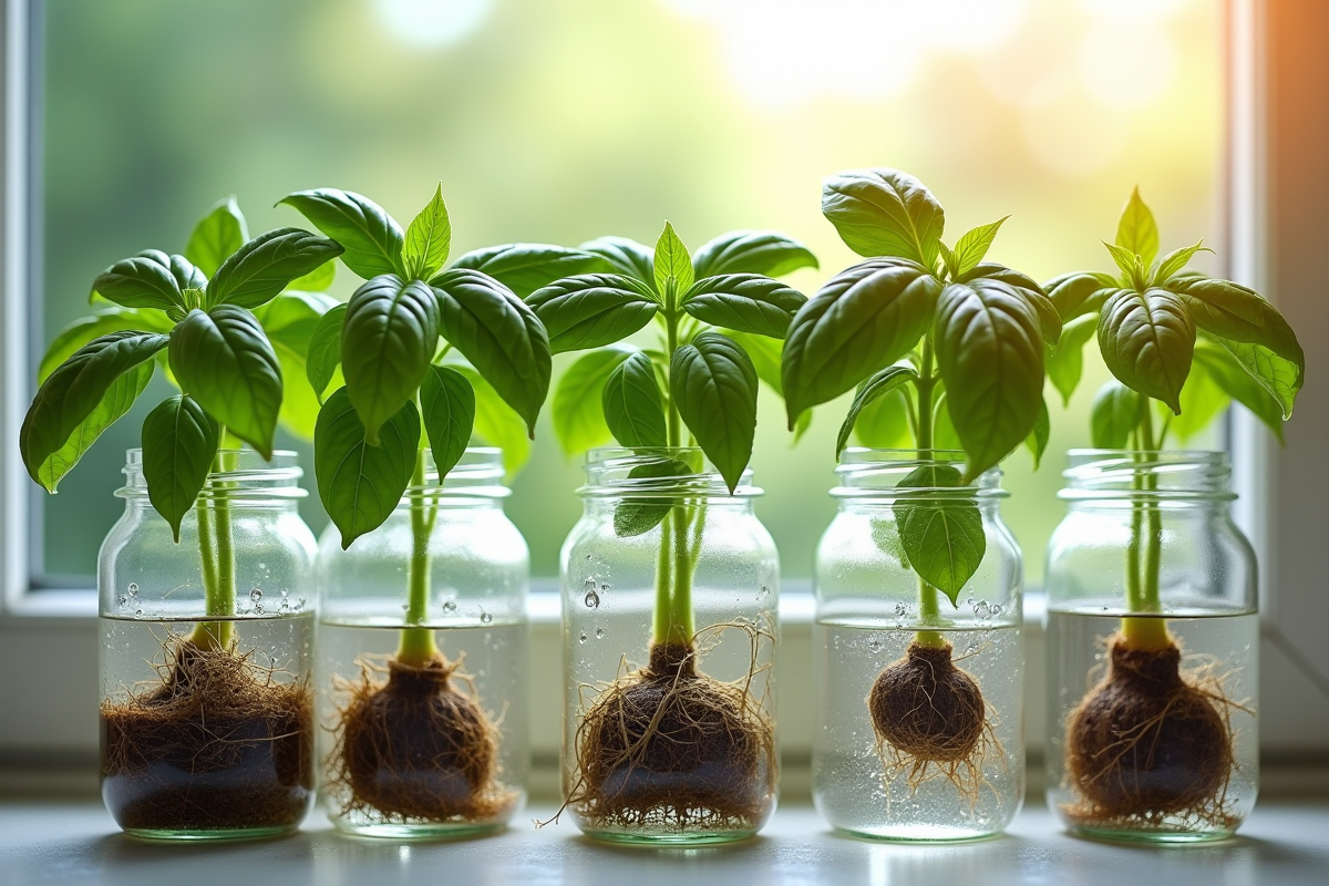 Basilics avec racines dans des bocaux en eau sur une fenêtre ensoleillée