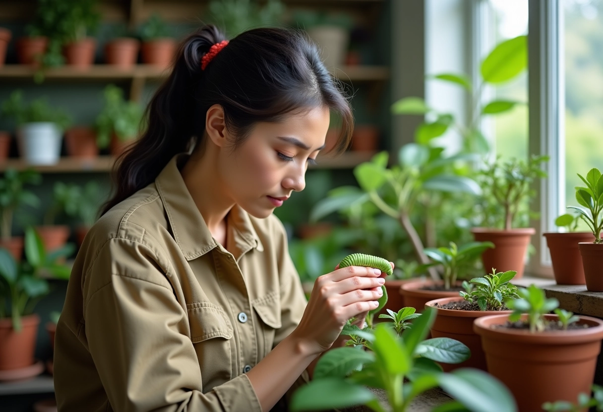 Botaniste observant une chenille sur une sauge en serre