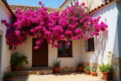 Bougainvillier aux bractées magenta cascadant sur un mur en pierre blanche méditerranéenne dans un jardin ensoleillé