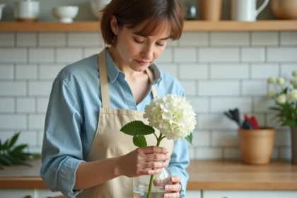 Femme plaçant une bouture d'hortensia dans un bocal en verre rempli d'eau sur un plan de travail en bois