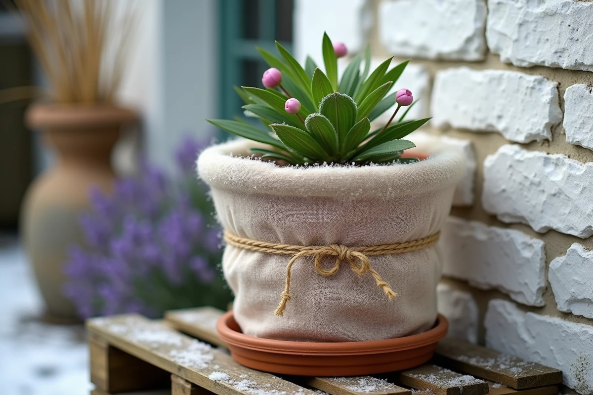 Bouture de pivoine arbustive en pot enveloppée de voile d'hivernage contre le gel hivernal
