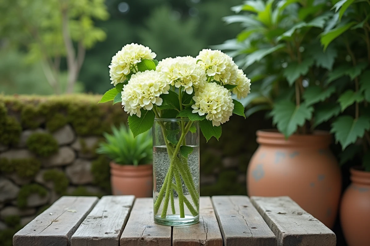 Boutures d'hortensias dans un vase en verre posé sur une table de jardin en bois patiné à l'extérieur