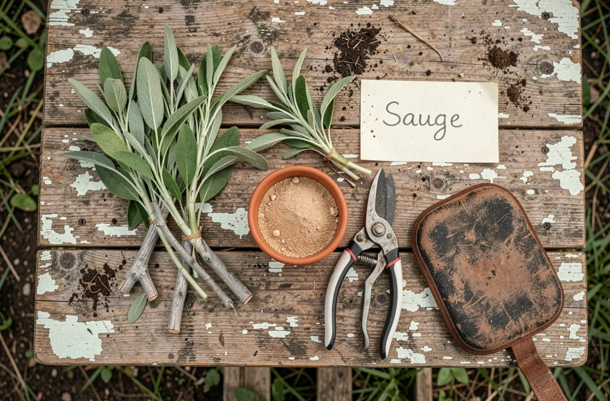 Vue du dessus d'un établi de jardinage avec des boutures de sauge taillées, un sécateur et un pot en terre cuite au printemps