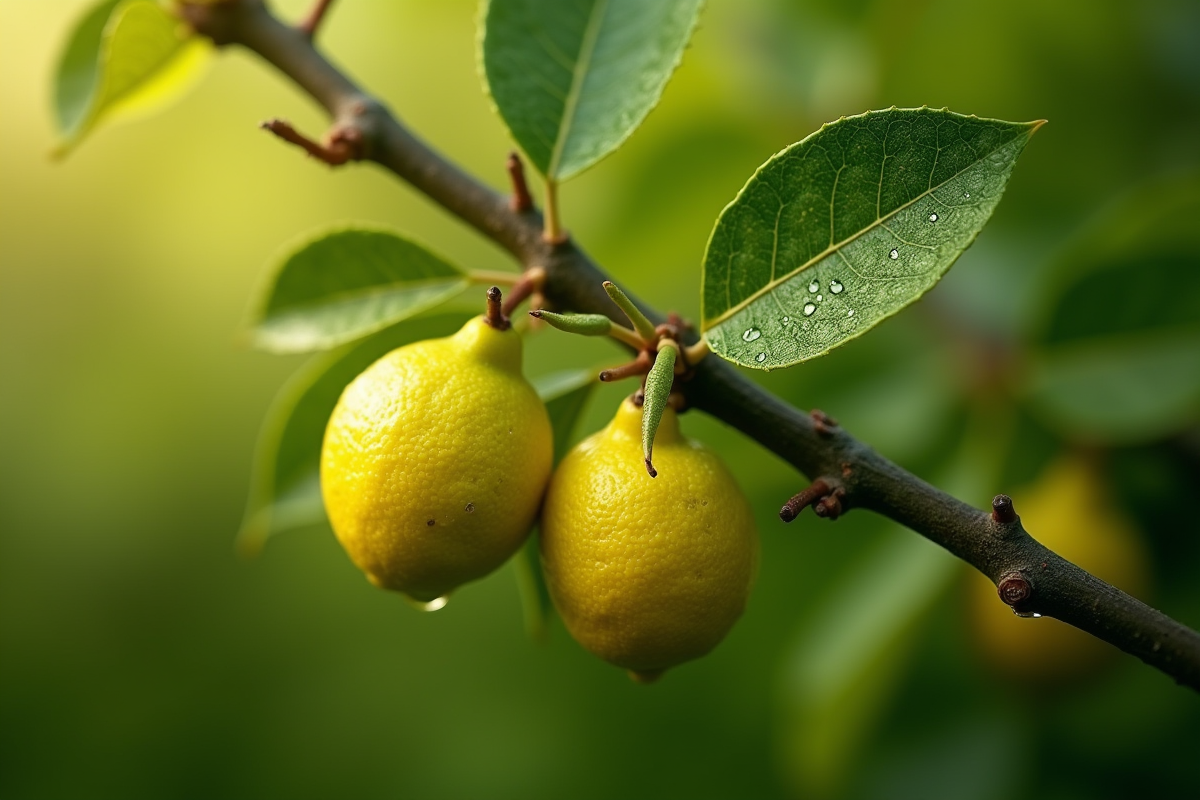 Branche de citron coupee avec gouttes de rosée