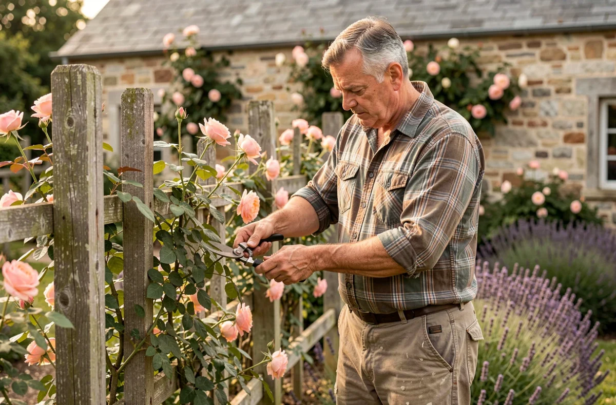 Didier Brethes taillant des rosiers anciens devant une ferme traditionnelle dans les Landes