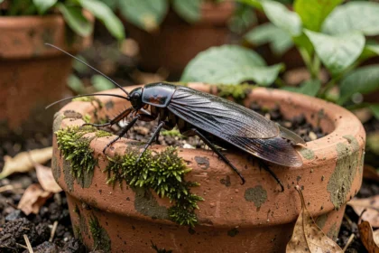 Cafard de jardin noir adulte photographié en détail sur un pot de terre cuite moussu dans un jardin