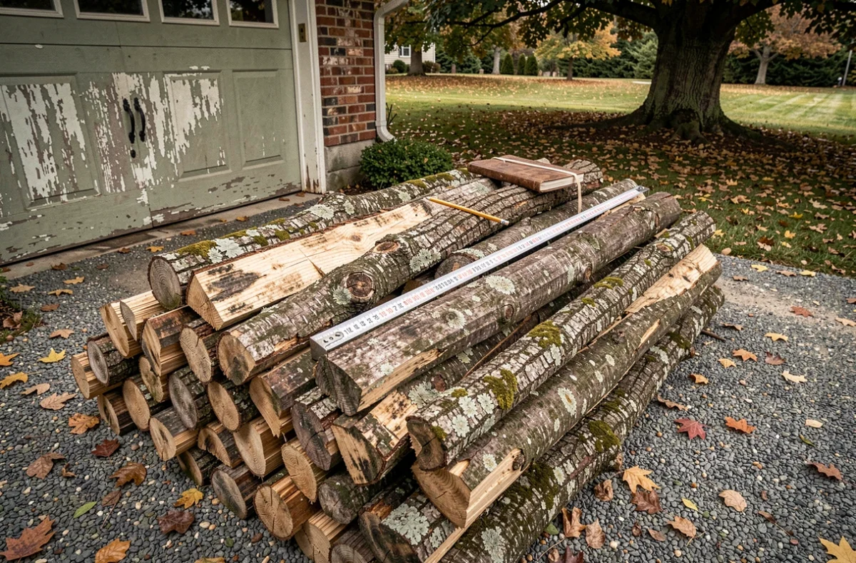 Tas de bois de chauffage en grume livré sur une allée avec mètre ruban pour calculer le volume en stères