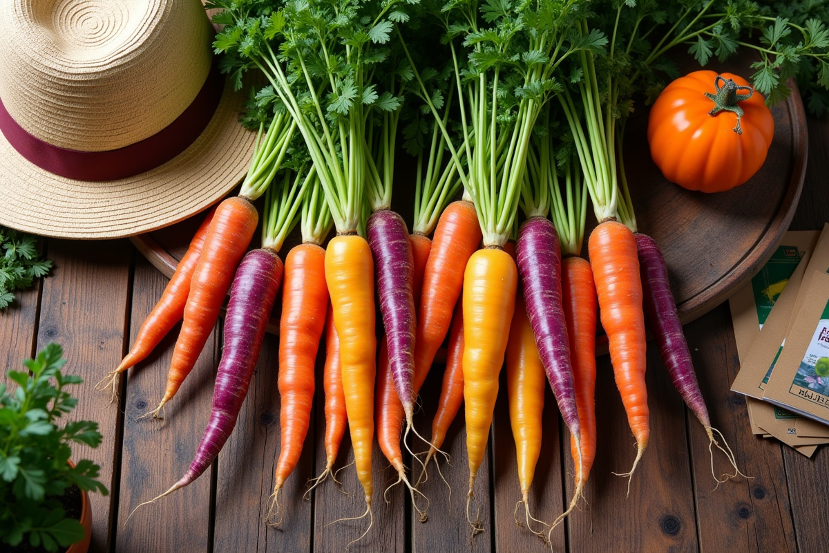 Carottes multicolores sur une table rustique avec outils de jardinage