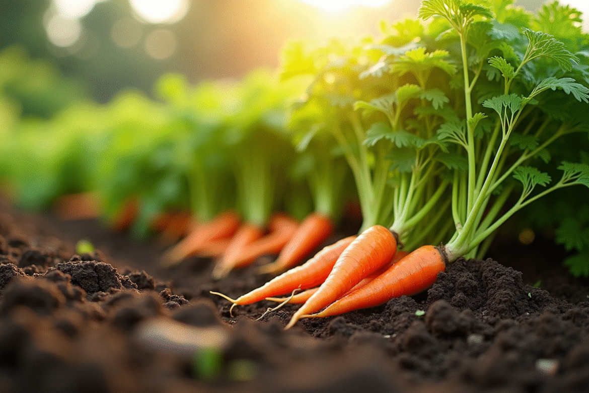 Carottes orange en croissance dans un jardin bio ensoleille