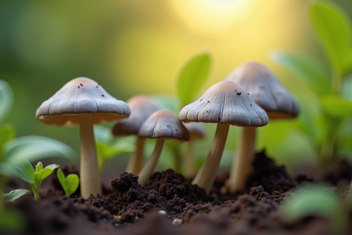 Gros plan sur des chanterelles grises dans la terre humide