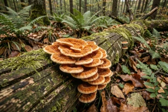 Champignons orange vif poussant sur un tronc d'arbre mort couvert de mousse en forêt tempérée