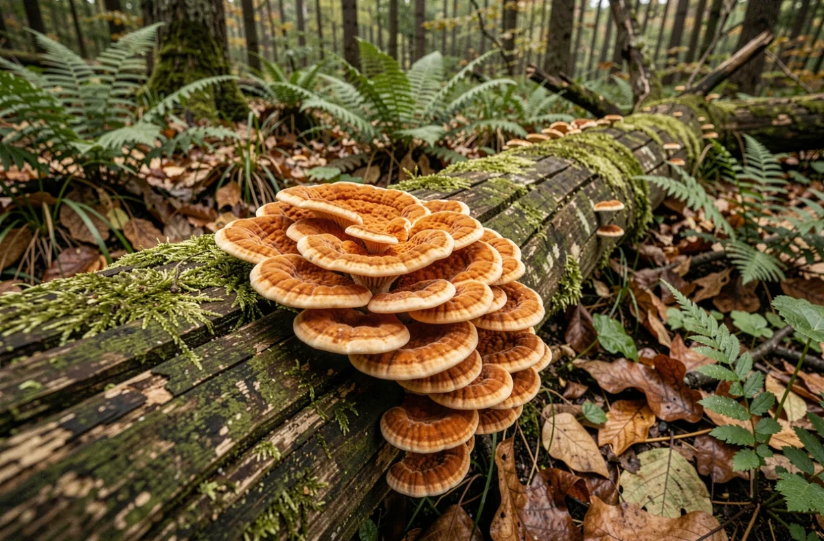 Champignons orange vif poussant sur un tronc d'arbre mort couvert de mousse en forêt tempérée