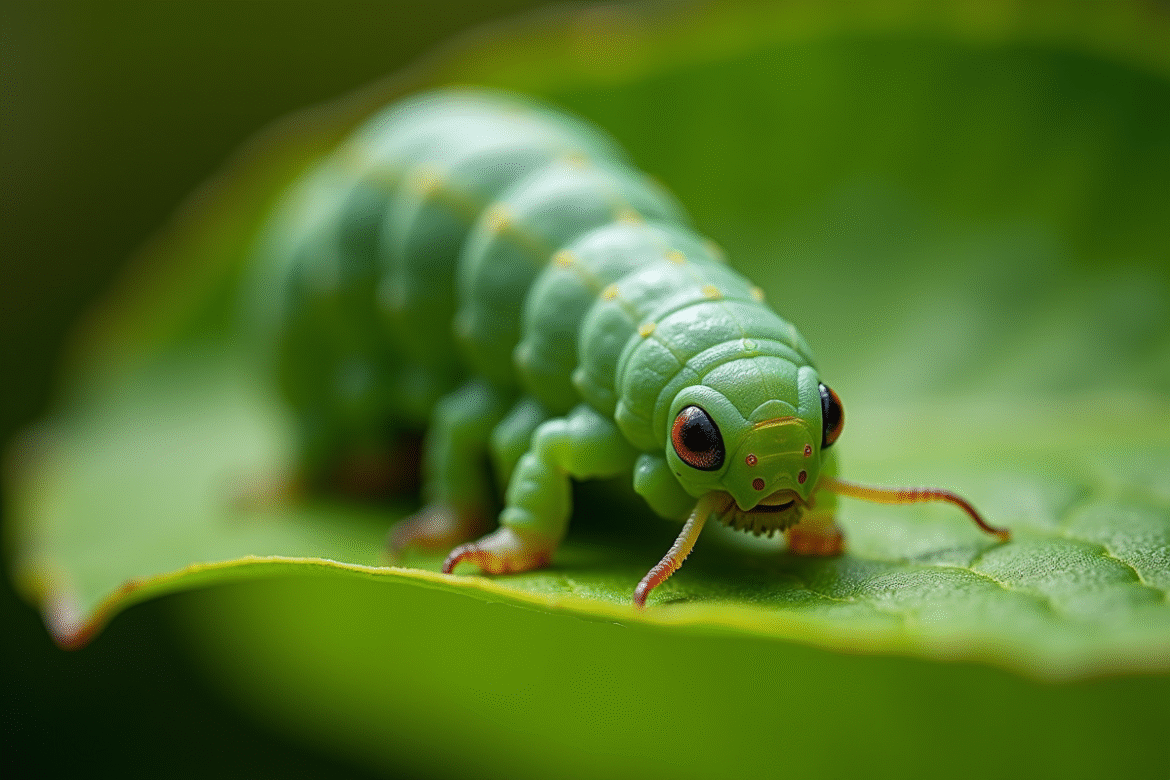Chenille sphinx sur une feuille verte lumineuse en macro