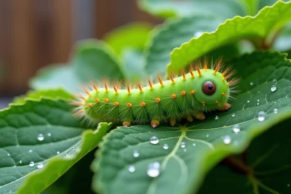 Chenille verte sur feuilles de hortensia dans un jardin