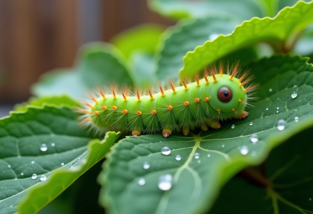 Chenille verte sur feuilles de hortensia dans un jardin