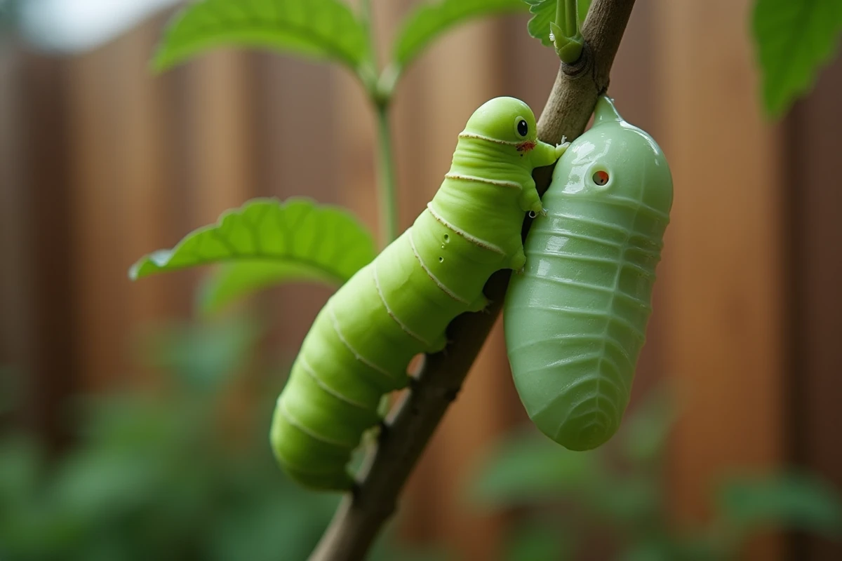 Chenille verte fluo à côté d'une chrysalide sur une branche de jardin
