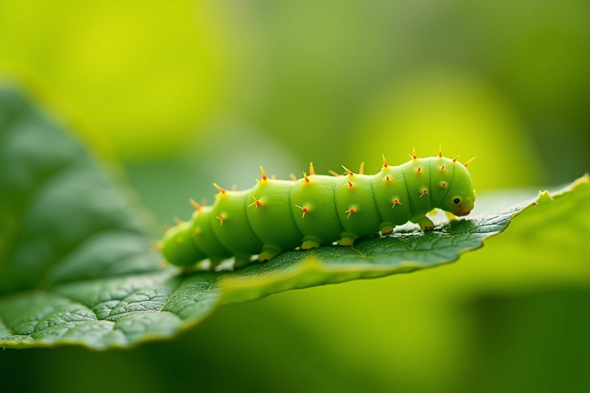 Chenille verte fluo en gros plan sur une feuille de jardin potager