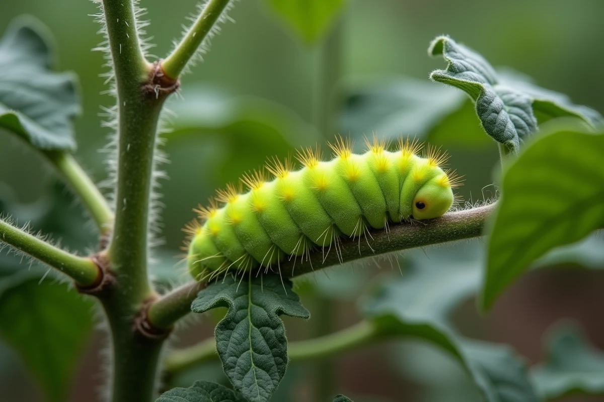Chenille verte fluo sur une tige de plant de tomate avec feuilles abîmées