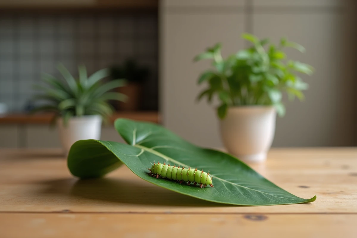 Chenille verte sur une feuille de plante d'intérieur dans une cuisine domestique