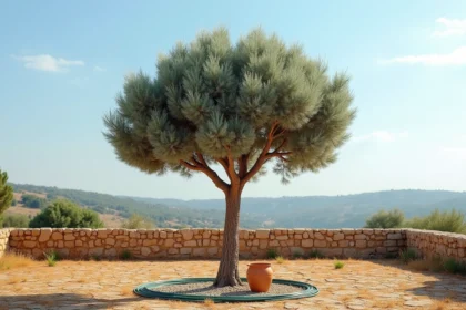 Eucalyptus Cider Gum dans un jardin méditerranéen aride avec irrigation goutte-à-goutte et paillis de gravier autour du tronc