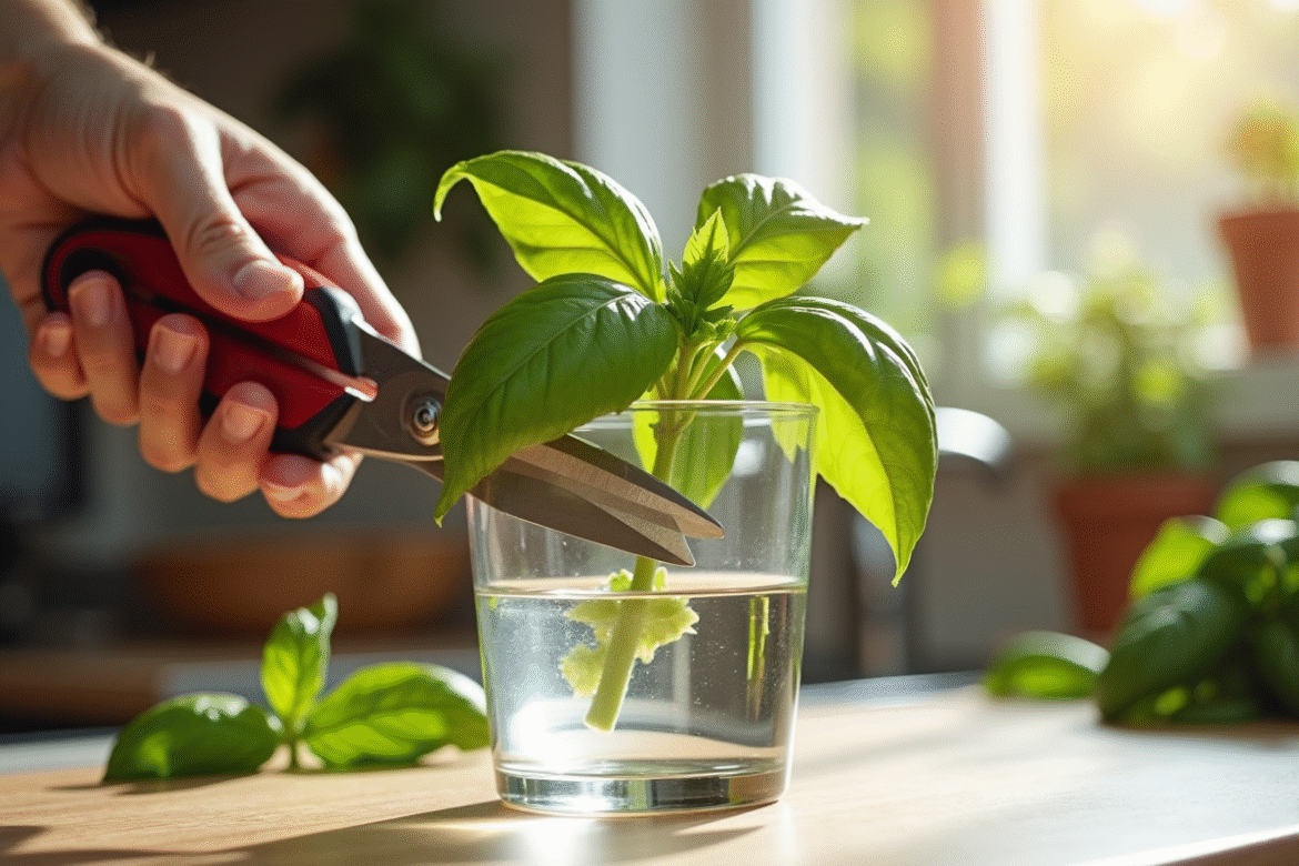 Mains coupant un brin de basilic avec des ciseaux dans une cuisine lumineuse