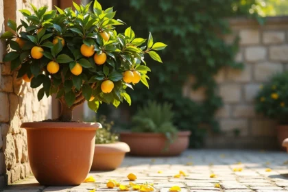 Citronnier en pot avec feuilles jaunissantes sur terrasse en pierre méditerranéenne