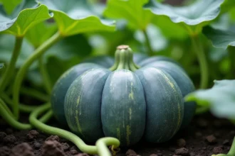 Citrouille Bleu posée sur le sol dans un jardin en permaculture entouré de courges et de végétation dense