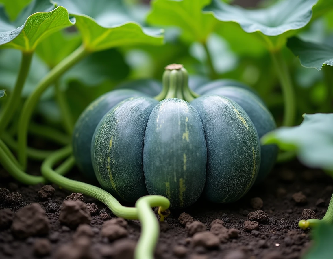 Citrouille Bleu posée sur le sol dans un jardin en permaculture entouré de courges et de végétation dense