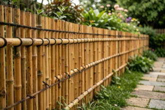 Clôture de jardin en bambou naturel avec poteaux liés par de la corde de chanvre, ambiance jardin verdoyant