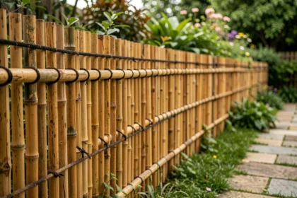 Clôture de jardin en bambou naturel avec poteaux liés par de la corde de chanvre, ambiance jardin verdoyant