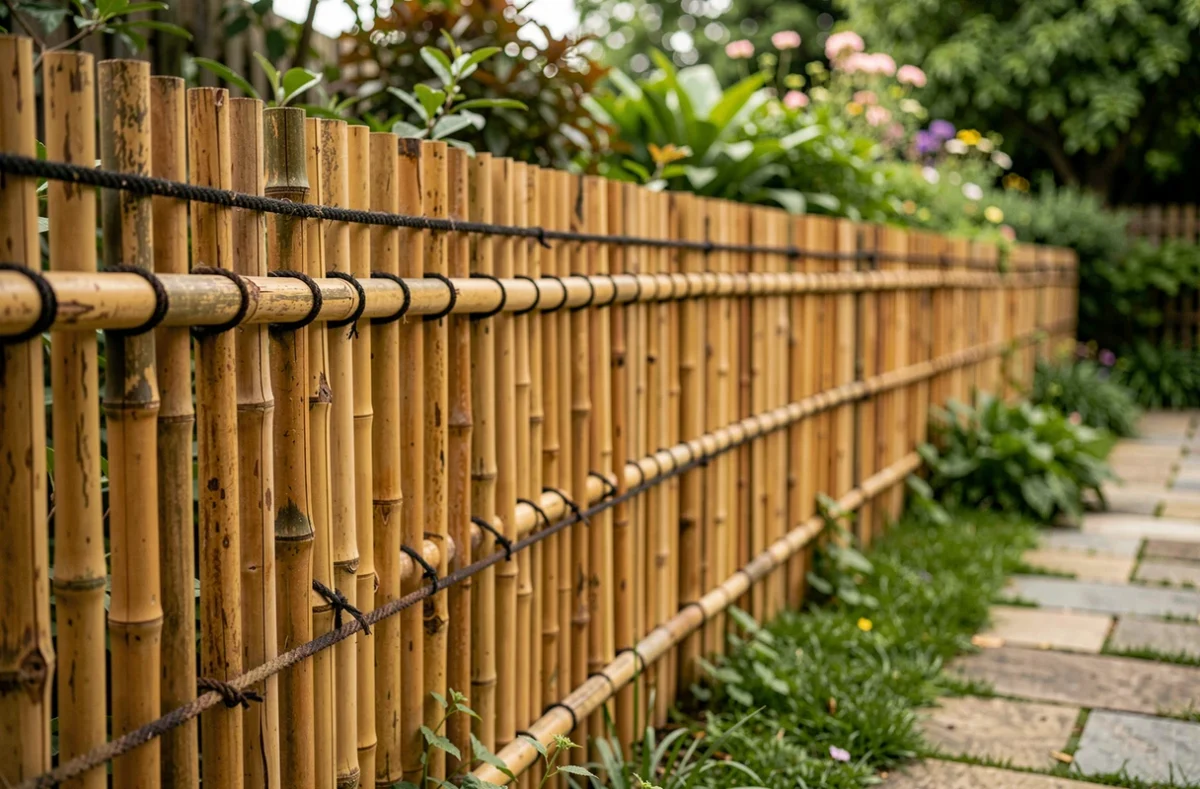 Clôture de jardin en bambou naturel avec poteaux liés par de la corde de chanvre, ambiance jardin verdoyant