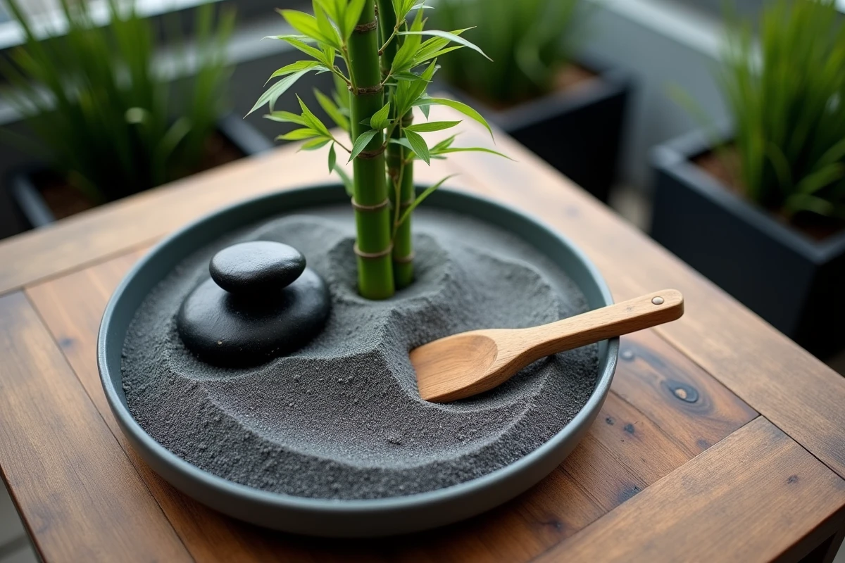 Vue aérienne d'un coin de jardin zen miniature avec sable ratissé, pierres volcaniques et bambou sur terrasse urbaine