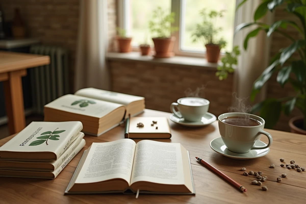 Collection de livres sur la permaculture ouverts sur une table en bois avec carnets de notes et graines séchées