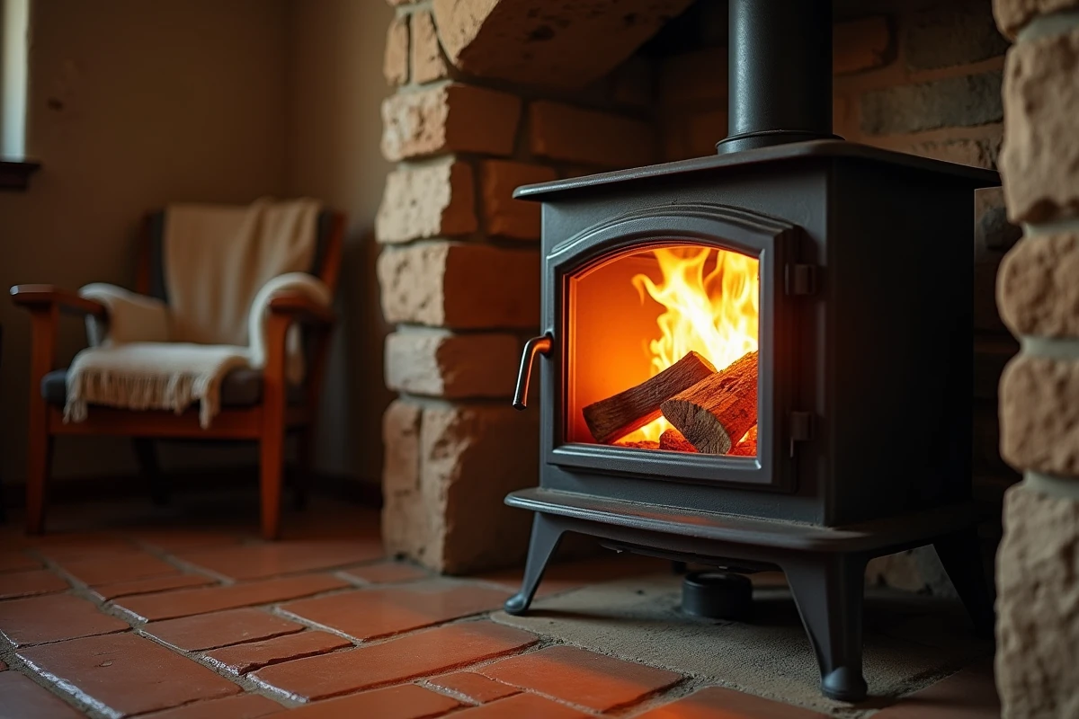 Poêle à bois en fonte avec des bûches de chêne en combustion, montrant l'efficacité du rendement selon la densité du bois stère